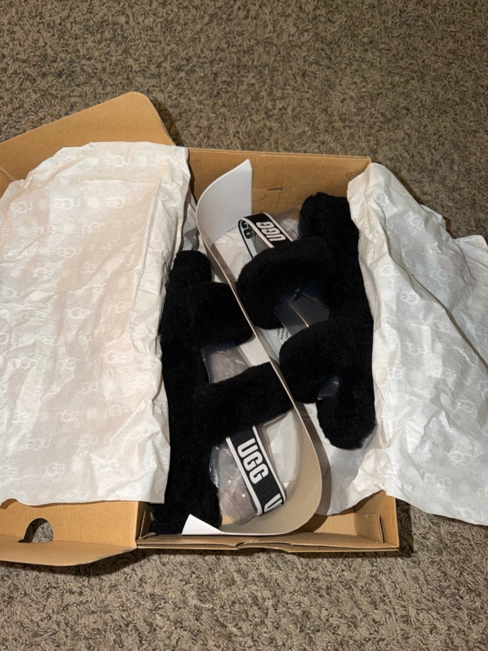 UGG Gray Plush Double-Band Slide Slippers